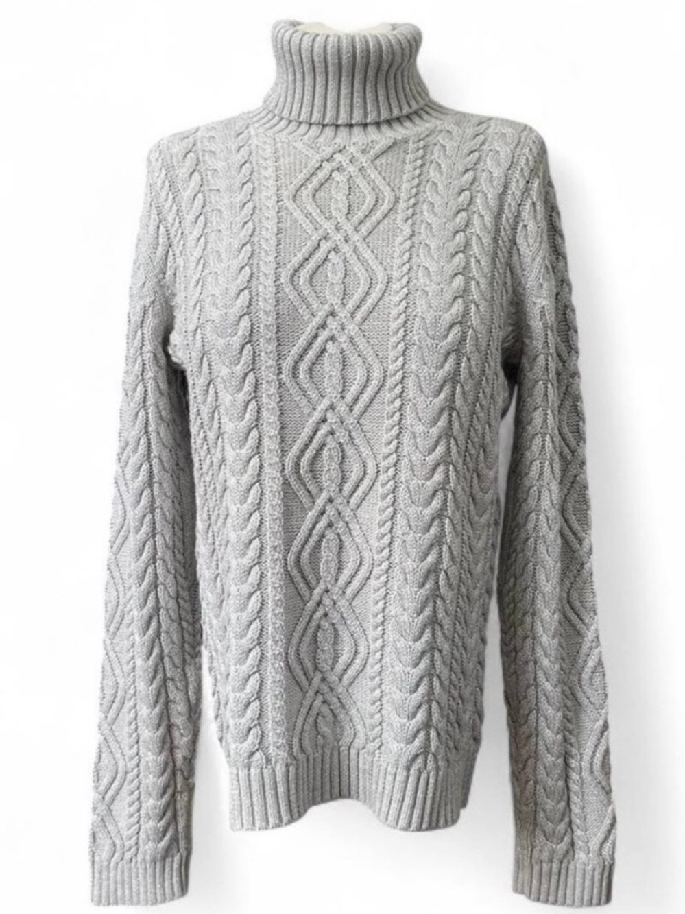 Lauren Ralph Lauren Cable Knit Turtleneck Sweater Gray Metallic Thread Women's L